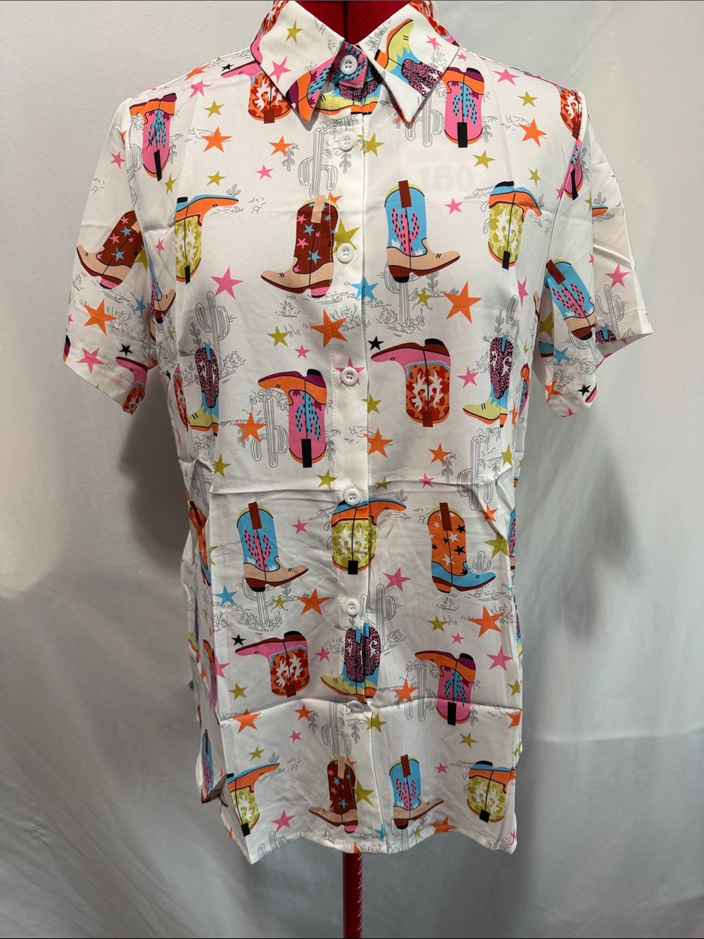 Women’s Short-Sleeve Button-Down Shirt - White with Multicolor Western Print